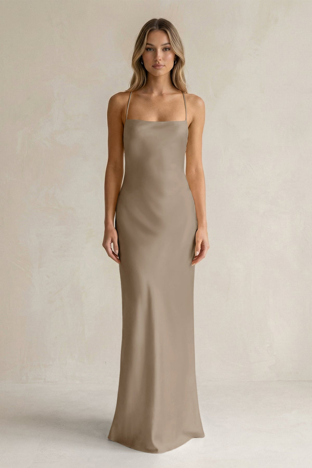 Sheath Satin Spaghetti Strap Bridesmaid Dress in Almond - KissProm Bridesmaid Dresses