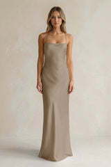 Sheath Satin Spaghetti Strap Bridesmaid Dress in Almond - KissProm Bridesmaid Dresses