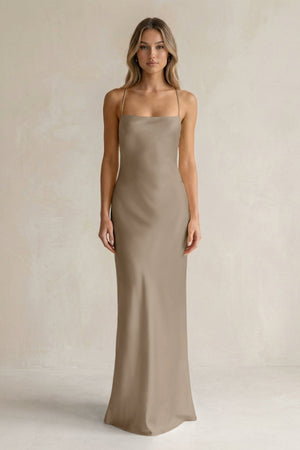 Sheath Satin Spaghetti Strap Bridesmaid Dress in Almond - KissProm Bridesmaid Dresses