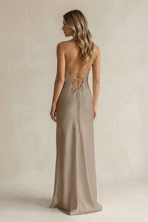 Sheath Satin Spaghetti Strap Bridesmaid Dress in Almond - KissProm Bridesmaid Dresses