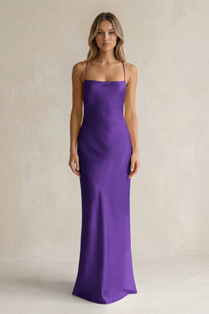 Sheath Satin Spaghetti Strap Bridesmaid Dress in Amethyst - KissProm Bridesmaid Dresses