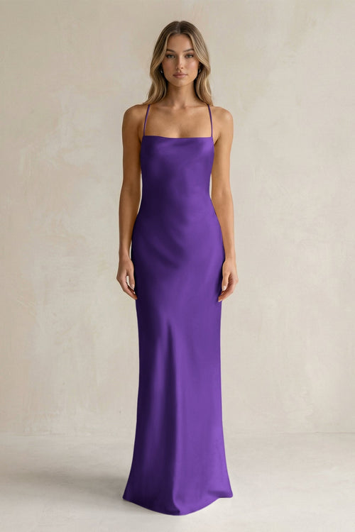 Sheath Satin Spaghetti Strap Bridesmaid Dress in Amethyst - KissProm Bridesmaid Dresses
