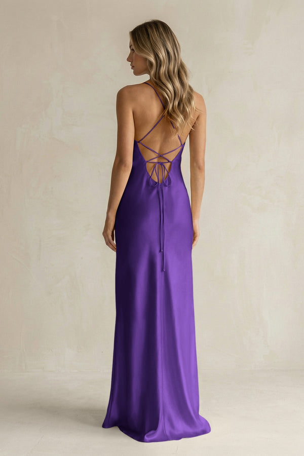Sheath Satin Spaghetti Strap Bridesmaid Dress in Amethyst - KissProm Bridesmaid Dresses