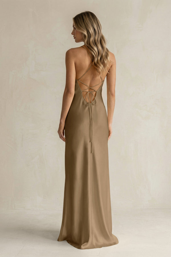 Sheath Satin Spaghetti Strap Bridesmaid Dress in Apple Cinnamon - KissProm Bridesmaid Dresses