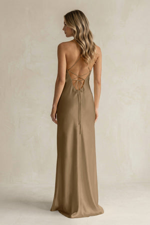 Sheath Satin Spaghetti Strap Bridesmaid Dress in Apple Cinnamon - KissProm Bridesmaid Dresses