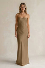 Sheath Satin Spaghetti Strap Bridesmaid Dress in Apple Cinnamon - KissProm Bridesmaid Dresses