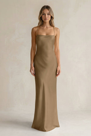 Sheath Satin Spaghetti Strap Bridesmaid Dress in Apple Cinnamon - KissProm Bridesmaid Dresses