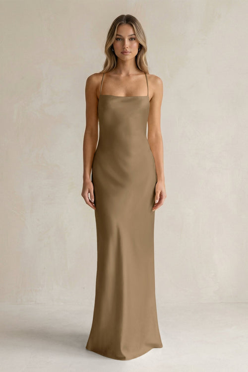 Sheath Satin Spaghetti Strap Bridesmaid Dress in Apple Cinnamon - KissProm Bridesmaid Dresses