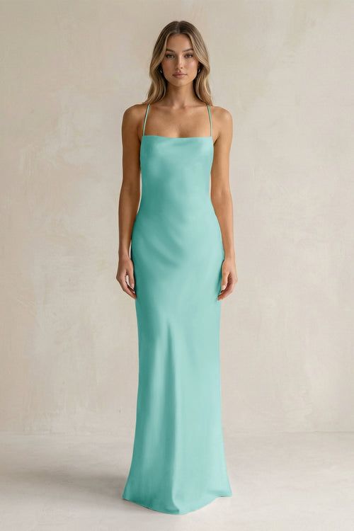 Sheath Satin Spaghetti Strap Bridesmaid Dress in Aqua - KissProm Bridesmaid Dresses