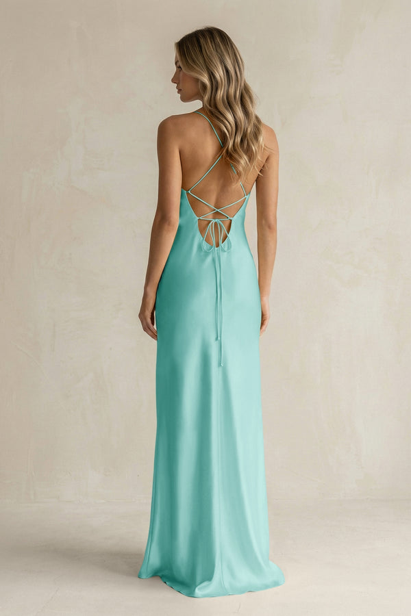 Sheath Satin Spaghetti Strap Bridesmaid Dress in Aqua - KissProm Bridesmaid Dresses