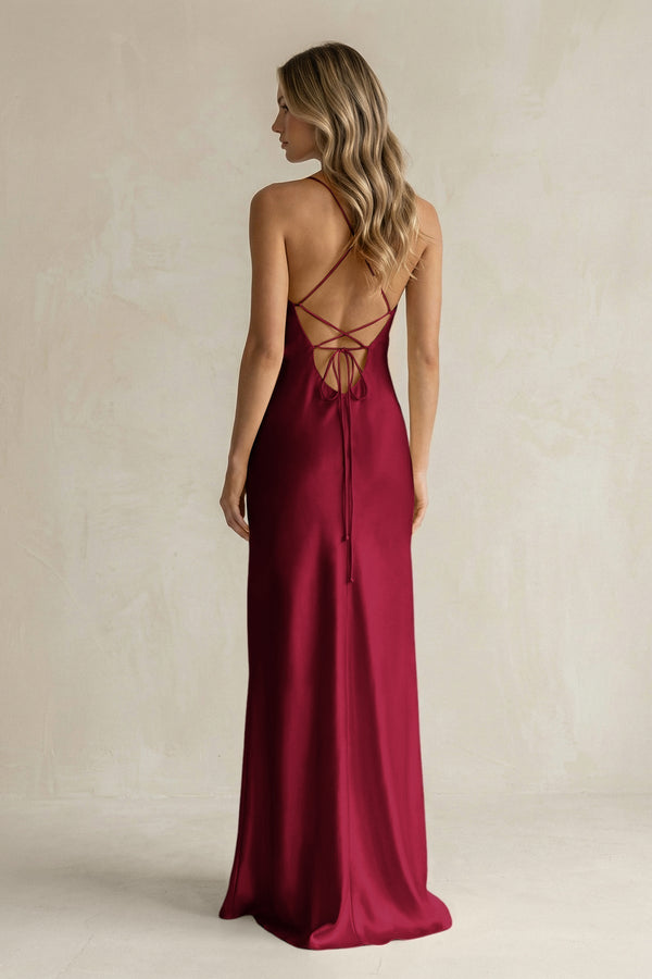 Sheath Satin Spaghetti Strap Bridesmaid Dress in Berry - KissProm Bridesmaid Dresses