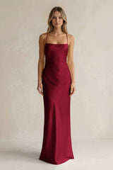 Sheath Satin Spaghetti Strap Bridesmaid Dress in Berry - KissProm Bridesmaid Dresses