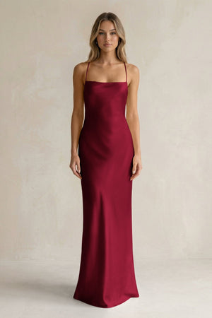 Sheath Satin Spaghetti Strap Bridesmaid Dress in Berry - KissProm Bridesmaid Dresses