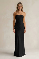 Sheath Satin Spaghetti Strap Bridesmaid Dress in Black - KissProm Bridesmaid Dresses