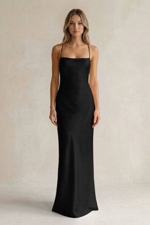 Sheath Satin Spaghetti Strap Bridesmaid Dress in Black - KissProm Bridesmaid Dresses