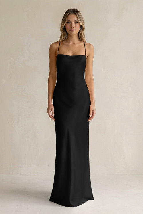 Sheath Satin Spaghetti Strap Bridesmaid Dress in Black - KissProm Bridesmaid Dresses