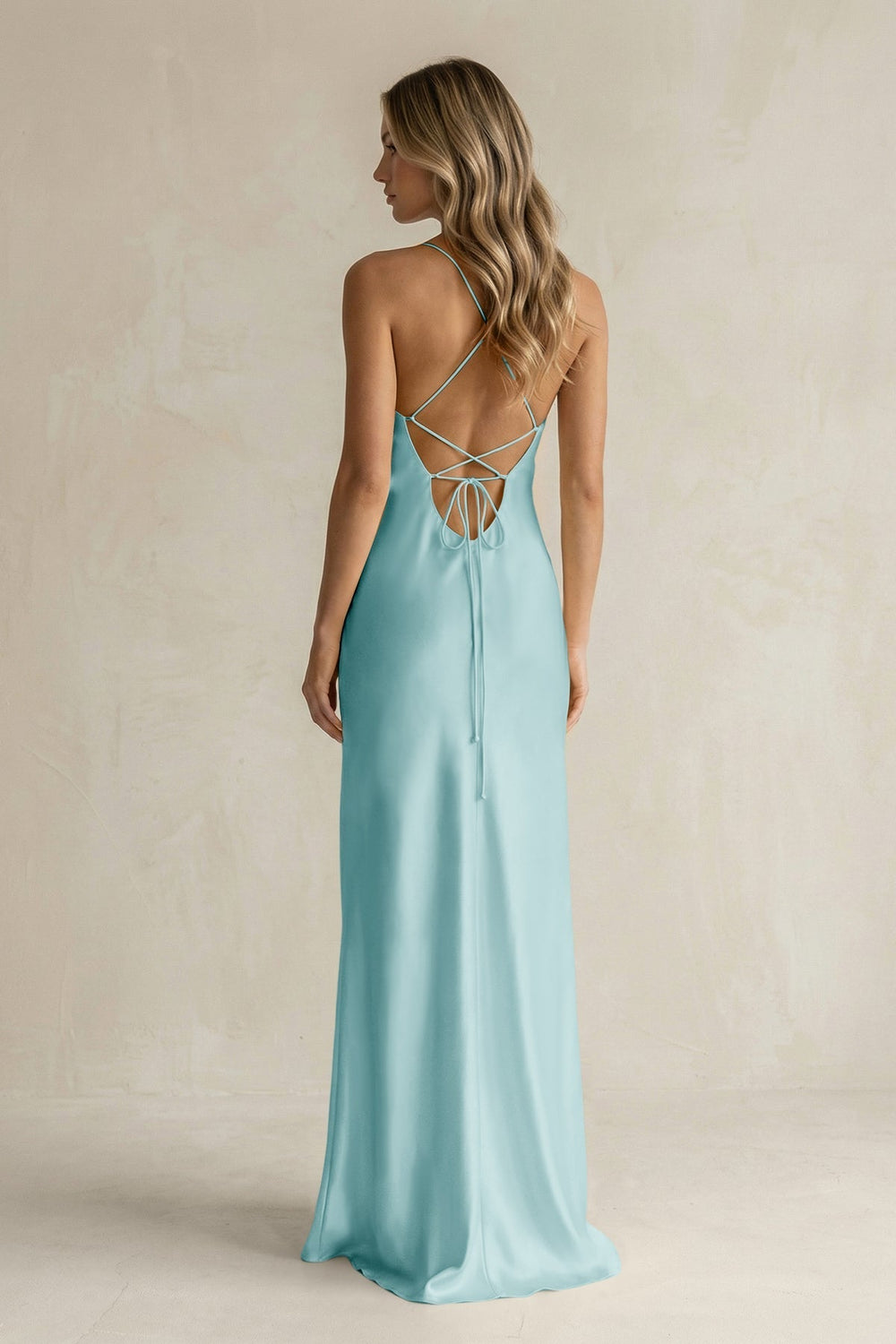 Sheath Satin Spaghetti Strap Bridesmaid Dress in Bleached Aqua - KissProm Bridesmaid Dresses