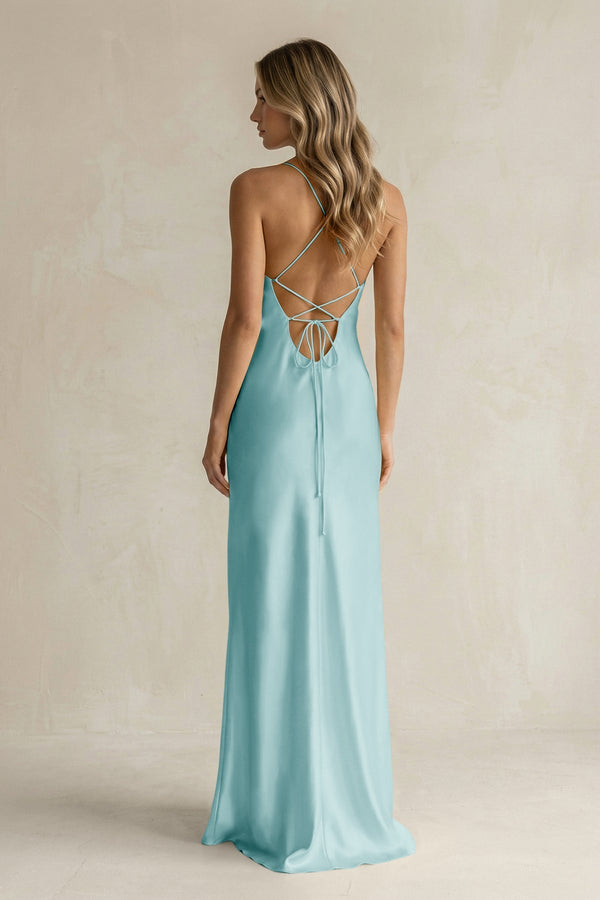 Sheath Satin Spaghetti Strap Bridesmaid Dress in Bleached Aqua - KissProm Bridesmaid Dresses