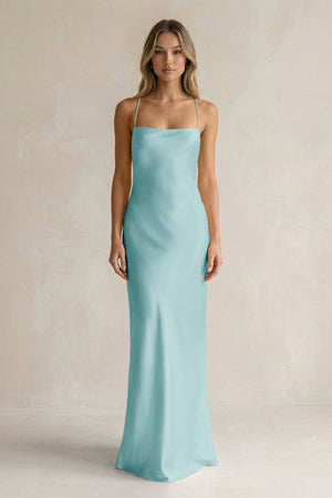 Sheath Satin Spaghetti Strap Bridesmaid Dress in Bleached Aqua - KissProm Bridesmaid Dresses