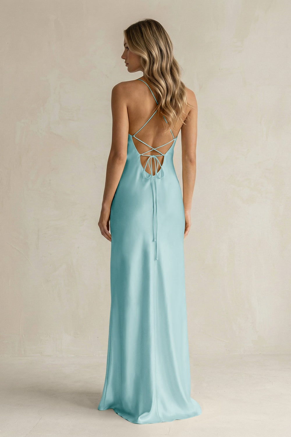Sheath Satin Spaghetti Strap Bridesmaid Dress in Bleached Aqua - KissProm Bridesmaid Dresses