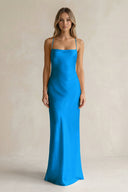 Sheath Satin Spaghetti Strap Bridesmaid Dress in Blue Jay - KissProm Bridesmaid Dresses