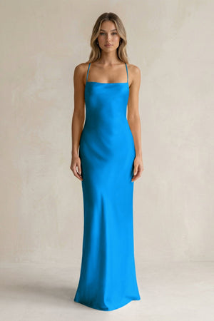 Sheath Satin Spaghetti Strap Bridesmaid Dress in Blue Jay - KissProm Bridesmaid Dresses