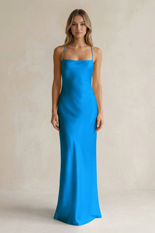 Sheath Satin Spaghetti Strap Bridesmaid Dress in Blue Jay - KissProm Bridesmaid Dresses