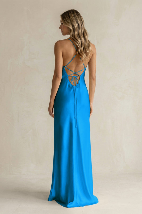 Sheath Satin Spaghetti Strap Bridesmaid Dress in Blue Jay - KissProm Bridesmaid Dresses