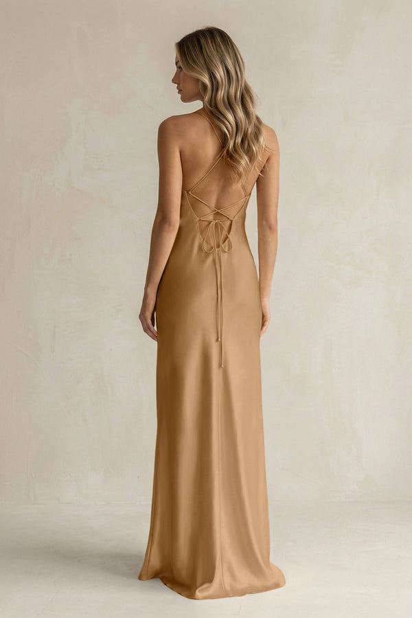 Sheath Satin Spaghetti Strap Bridesmaid Dress in Bronzer - KissProm Bridesmaid Dresses