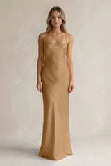 Sheath Satin Spaghetti Strap Bridesmaid Dress in Bronzer - KissProm Bridesmaid Dresses