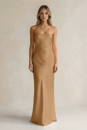 Sheath Satin Spaghetti Strap Bridesmaid Dress in Bronzer - KissProm Bridesmaid Dresses