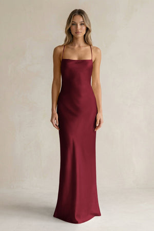 Sheath Satin Spaghetti Strap Bridesmaid Dress in Burgundy - KissProm Bridesmaid Dresses