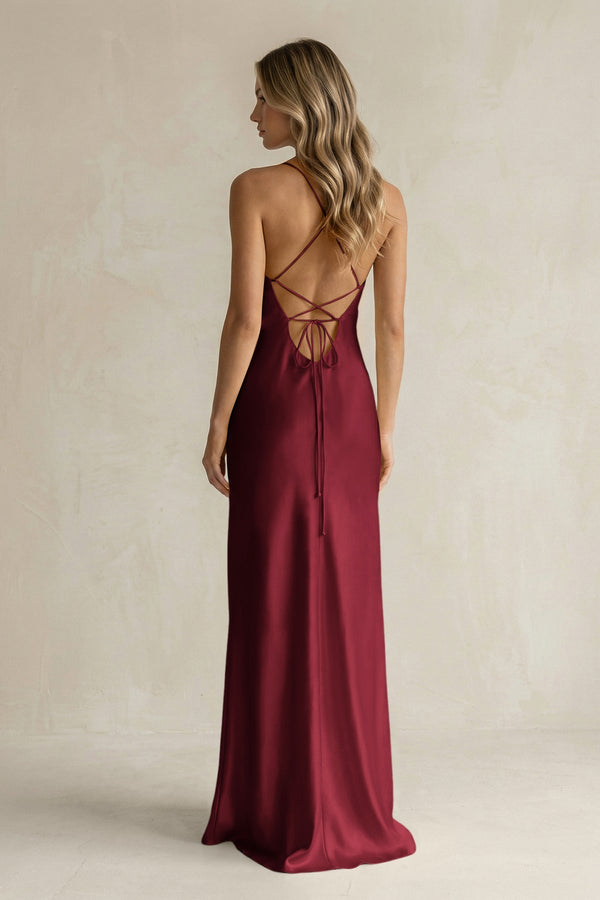 Sheath Satin Spaghetti Strap Bridesmaid Dress in Burgundy - KissProm Bridesmaid Dresses