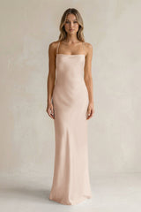 Sheath Satin Spaghetti Strap Bridesmaid Dress in Buttercream - KissProm Bridesmaid Dresses