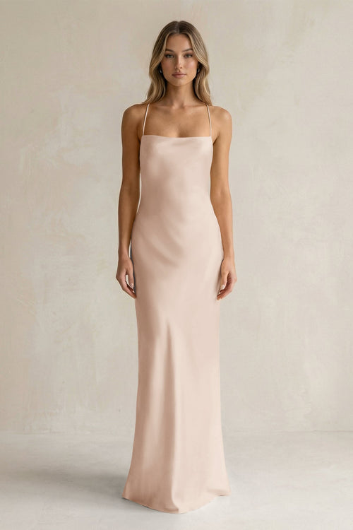 Sheath Satin Spaghetti Strap Bridesmaid Dress in Buttercream - KissProm Bridesmaid Dresses