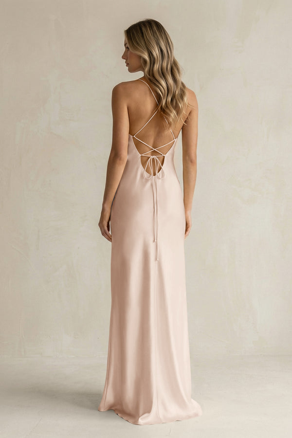 Sheath Satin Spaghetti Strap Bridesmaid Dress in Buttercream - KissProm Bridesmaid Dresses