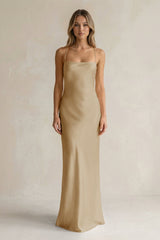 Sheath Satin Spaghetti Strap Bridesmaid Dress in Champagne - KissProm Bridesmaid Dresses