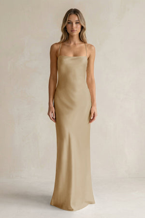 Sheath Satin Spaghetti Strap Bridesmaid Dress in Champagne - KissProm Bridesmaid Dresses