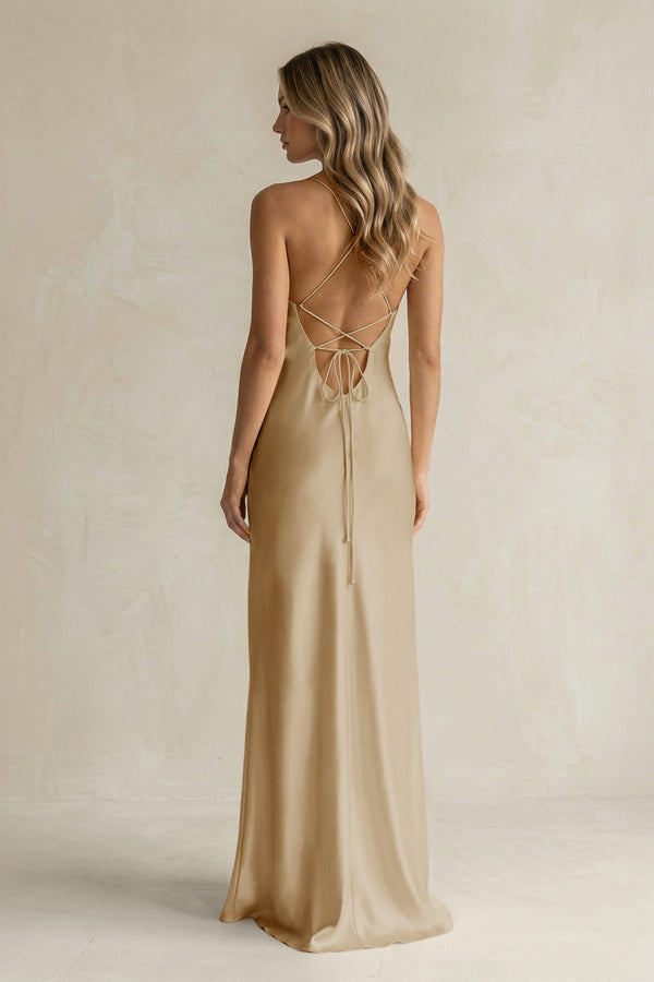 Sheath Satin Spaghetti Strap Bridesmaid Dress in Champagne - KissProm Bridesmaid Dresses