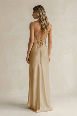 Sheath Satin Spaghetti Strap Bridesmaid Dress in Champagne - KissProm Bridesmaid Dresses