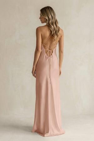 Sheath Satin Spaghetti Strap Bridesmaid Dress in Champagne Rose - KissProm Bridesmaid Dresses