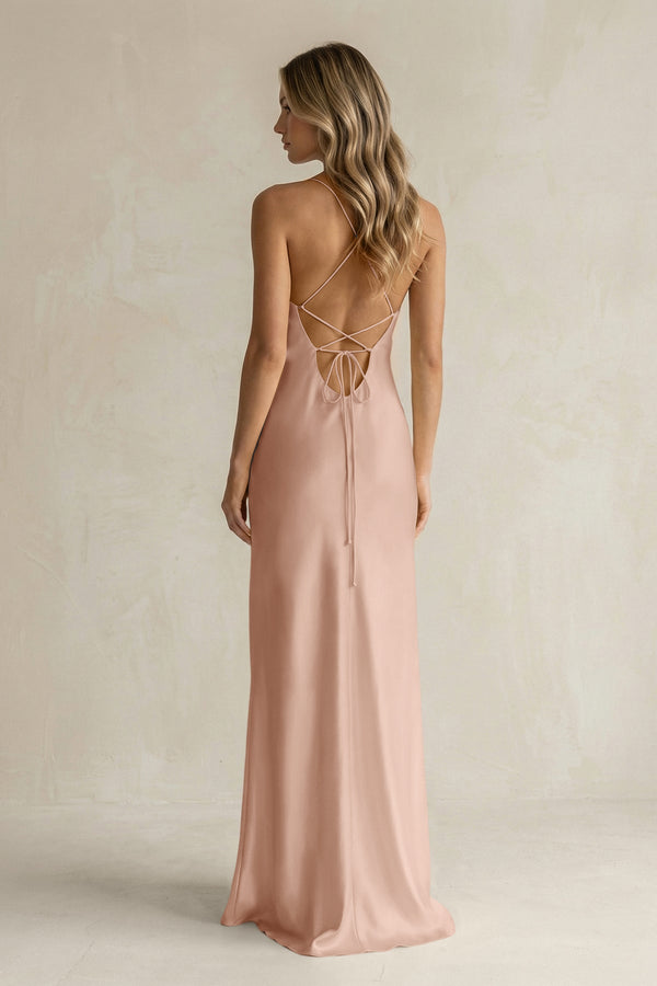 Sheath Satin Spaghetti Strap Bridesmaid Dress in Champagne Rose - KissProm Bridesmaid Dresses