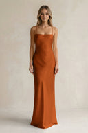 Sheath Satin Spaghetti Strap Bridesmaid Dress in Cinnamon - KissProm Bridesmaid Dresses