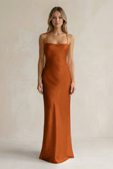 Sheath Satin Spaghetti Strap Bridesmaid Dress in Cinnamon - KissProm Bridesmaid Dresses