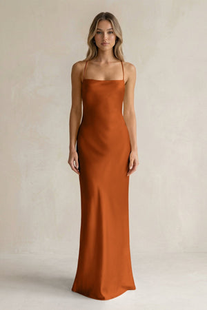Sheath Satin Spaghetti Strap Bridesmaid Dress in Cinnamon - KissProm Bridesmaid Dresses
