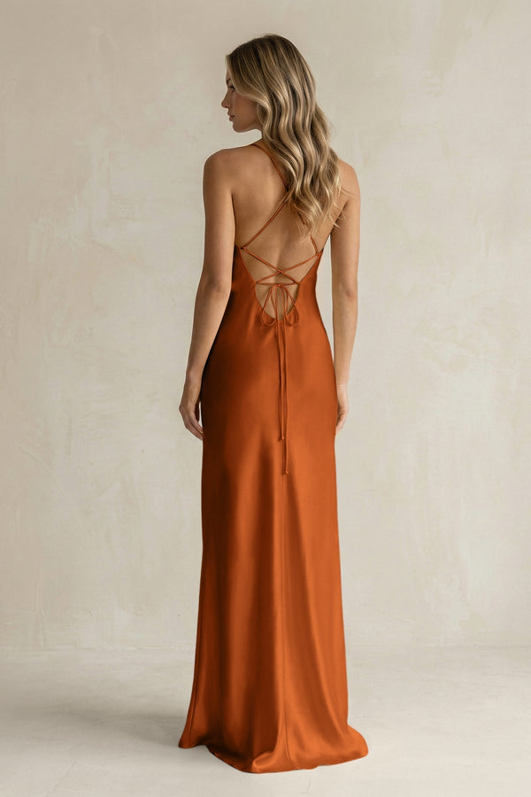 Sheath Satin Spaghetti Strap Bridesmaid Dress in Cinnamon - KissProm Bridesmaid Dresses