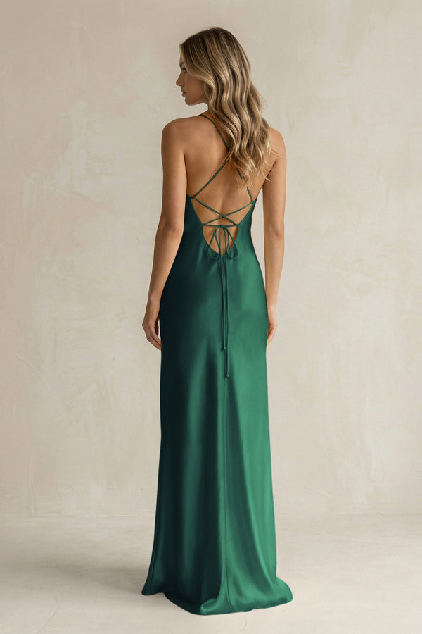 Sheath Satin Spaghetti Strap Bridesmaid Dress in Dark Green - KissProm Bridesmaid Dresses
