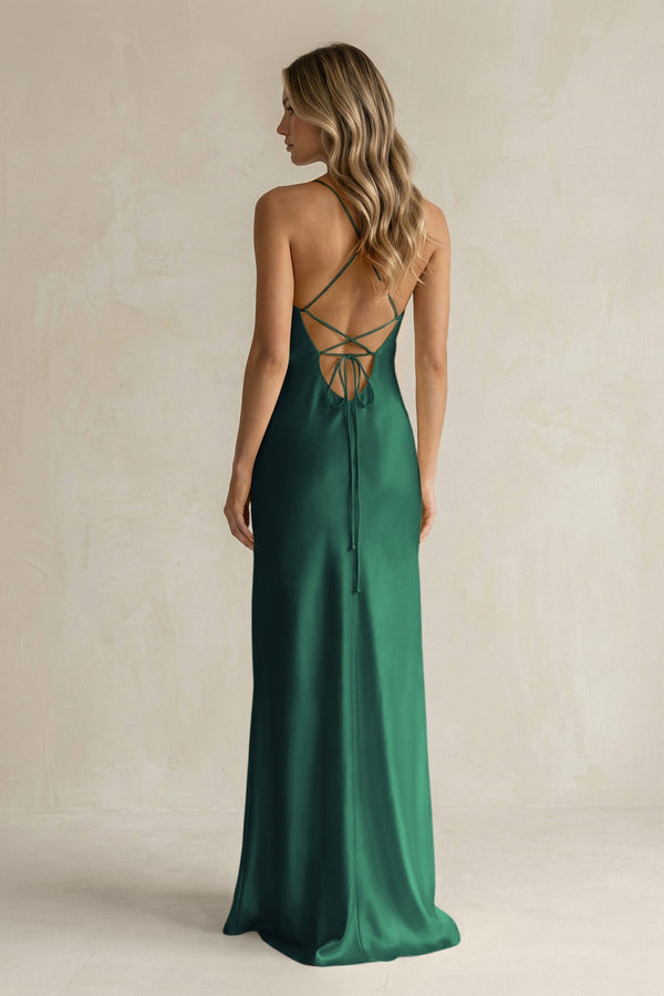 Sheath Satin Spaghetti Strap Bridesmaid Dress in Dark Green - KissProm Bridesmaid Dresses