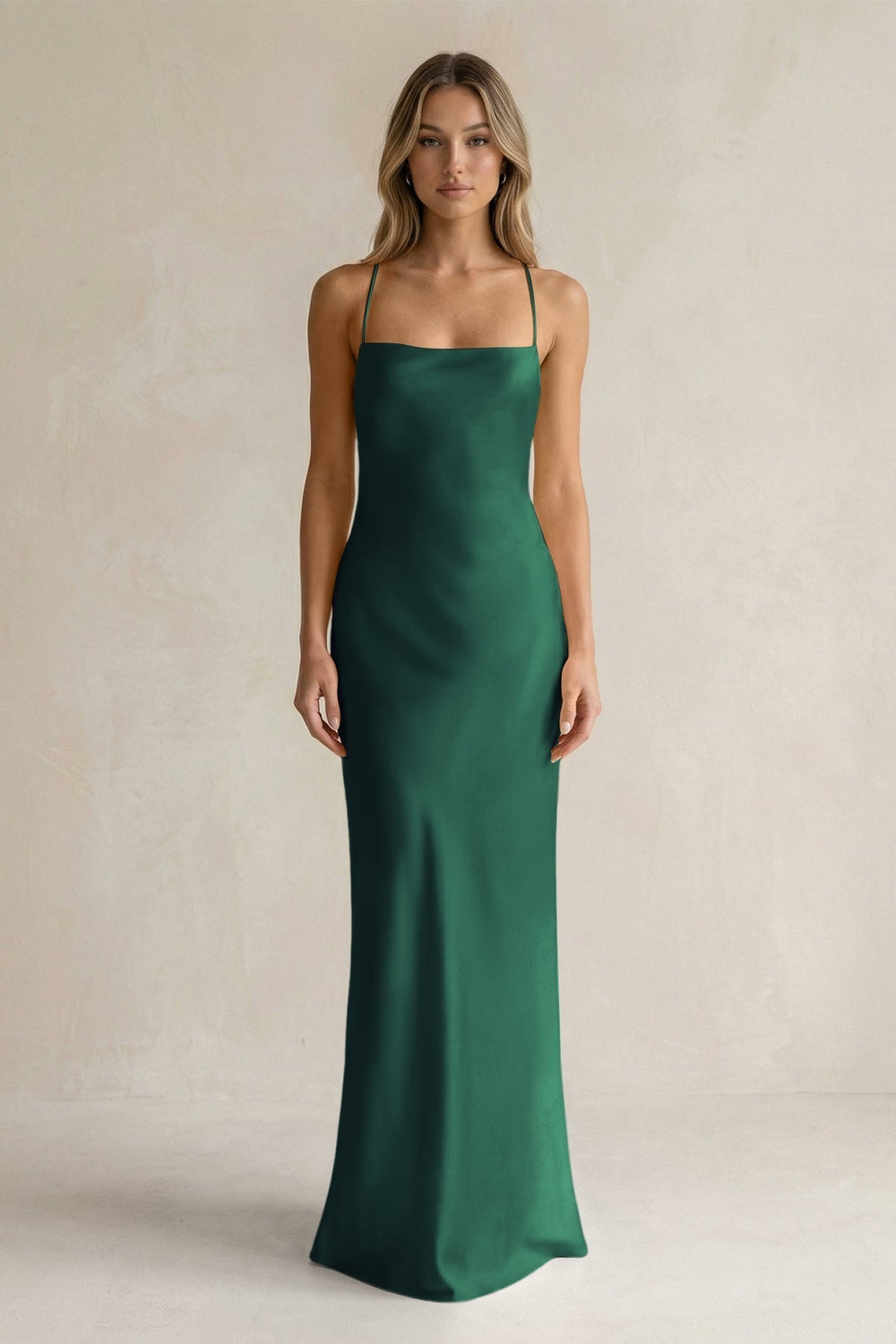 Sheath Satin Spaghetti Strap Bridesmaid Dress in Dark Green - KissProm Bridesmaid Dresses