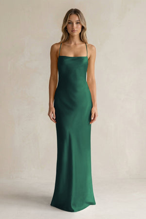 Sheath Satin Spaghetti Strap Bridesmaid Dress in Dark Green - KissProm Bridesmaid Dresses